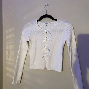 Studio White Ribbed Button Down Shirt with Bow Details